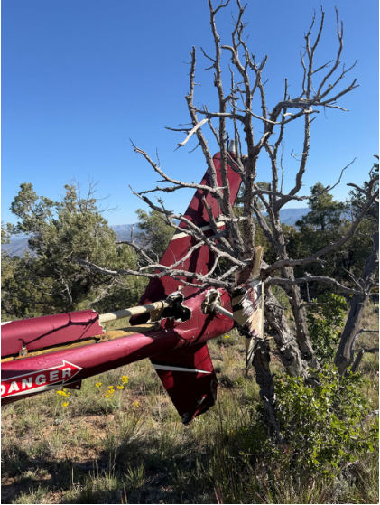 Photograph 3 – View of damage to vertical stabilizer and tail rotor, from the NTSB investigation of Bell 407 accident near Young, Arizona, April 29, 2026