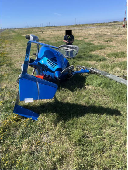 Photograph 2 – Gyrocopter at accident site., from the NTSB investigation of Amateur-built CAVALON accident near Palo Alto, California, May 13, 2026