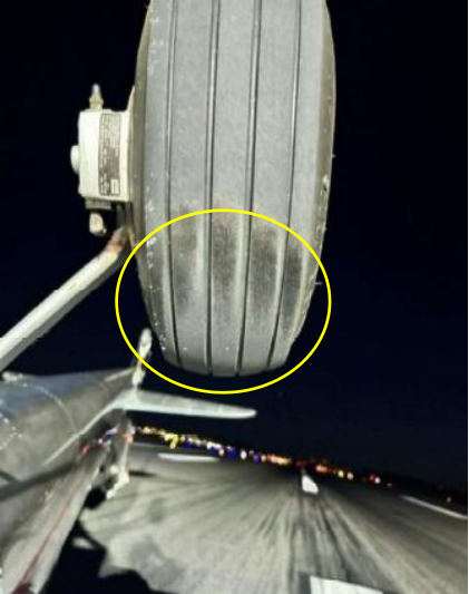 Photograph 4 – View of right main landing gear tire wear marks, from the NTSB investigation of Cessna 140 accident near Pasco, Washington, June 1, 2026