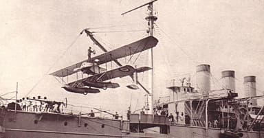 A Caudron Seaplane, Being Hoisted on Board La Foudre in April 1914