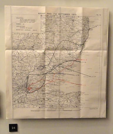 British map of German Airship Bombing Run on September 7 / 8, 1915