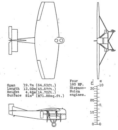 Farman F.121 3 View Drawing from NACA Aircraft Circular No.15
