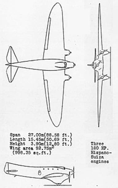 Couzinet 10 3-view Drawing from NACA Aircraft Circular No.77